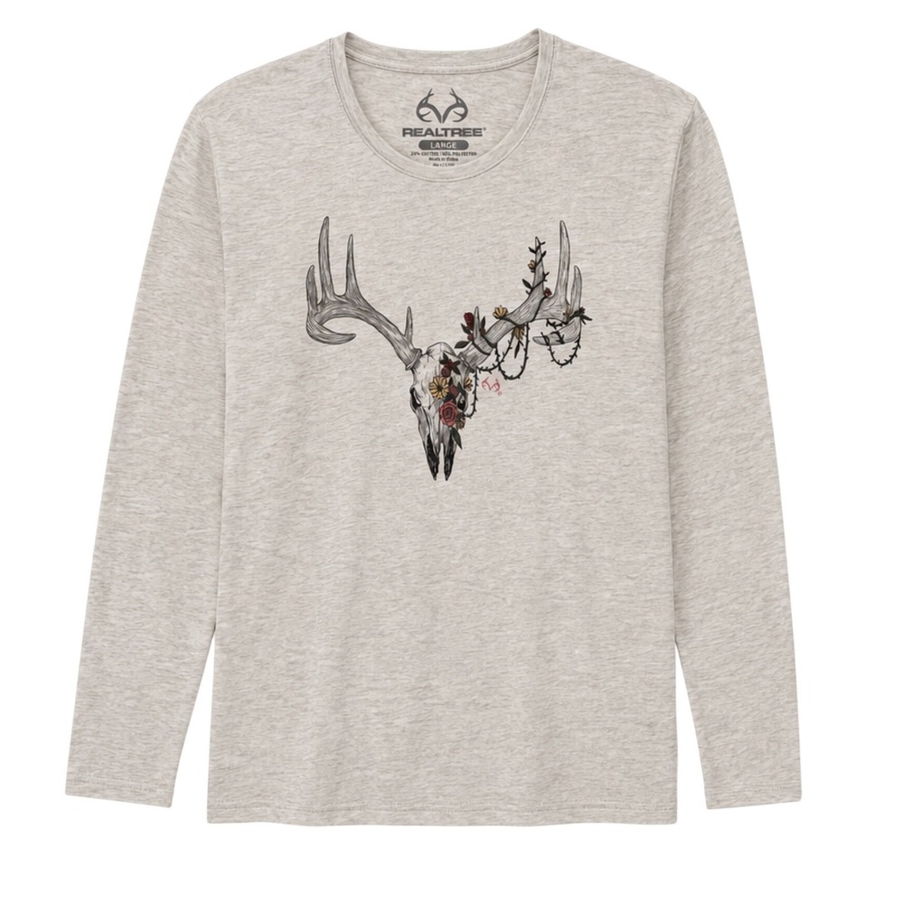 Realtree Womens Long Sleeve Graphic Tee Oatmeal Heather‎ Deer Skull Floral Large
